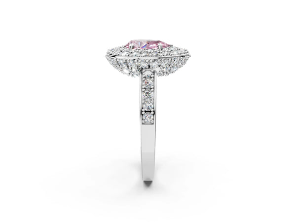 Silver Fancy Pink Pear Cut Diamond Double Halo Ring with Pavé Band and Four-Prong Setting