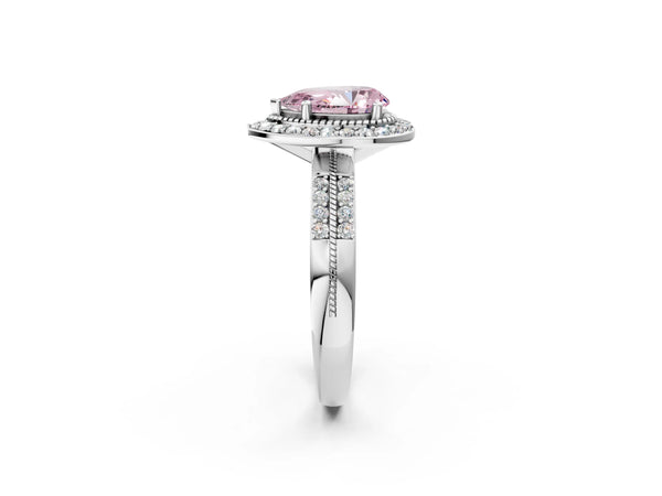 Silver Fancy Pink Pear Cut Diamond Double Halo Ring with Split Shank and Four-Prong Setting