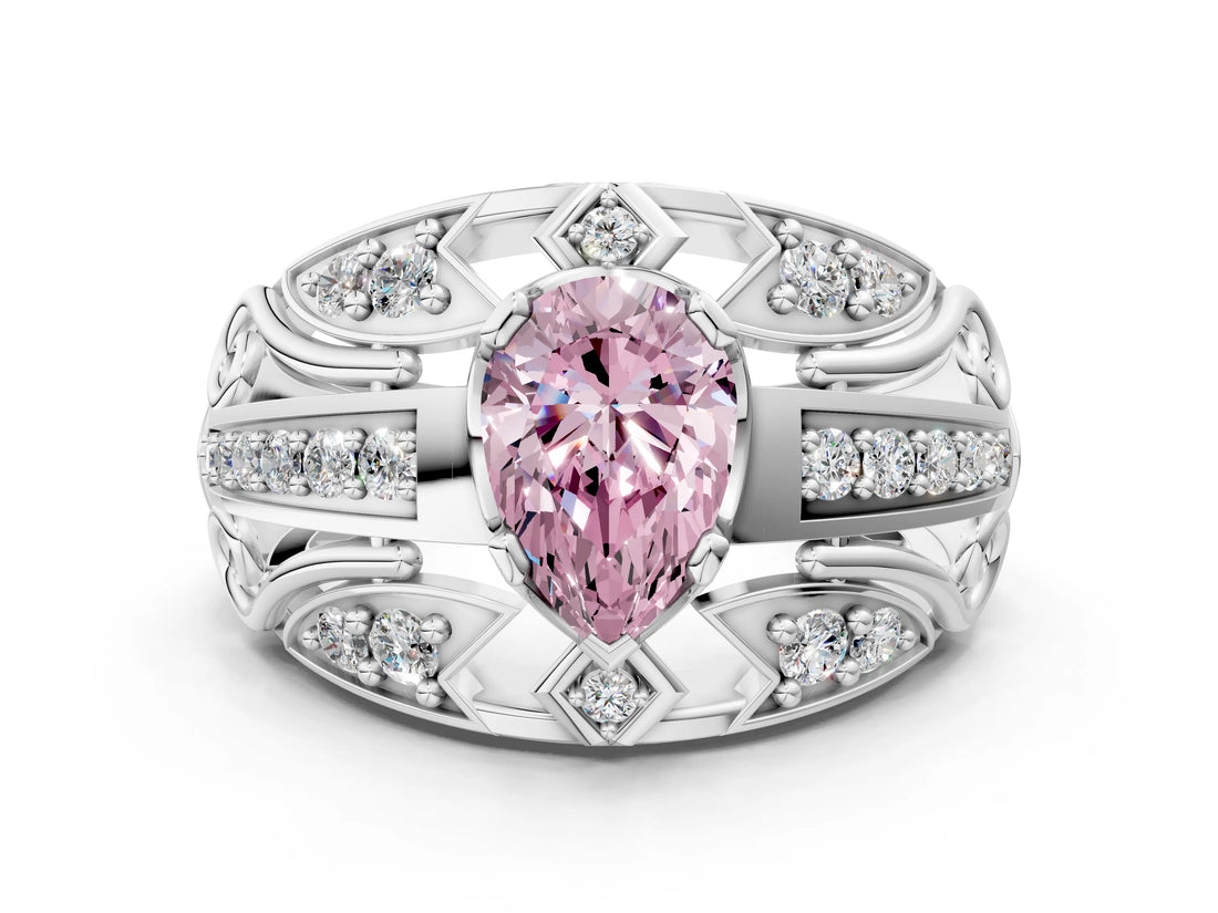 Silver Fancy Pink Pear Cut Diamond Pave Art Deco Split Shank Ring with Four-Prong Setting_6