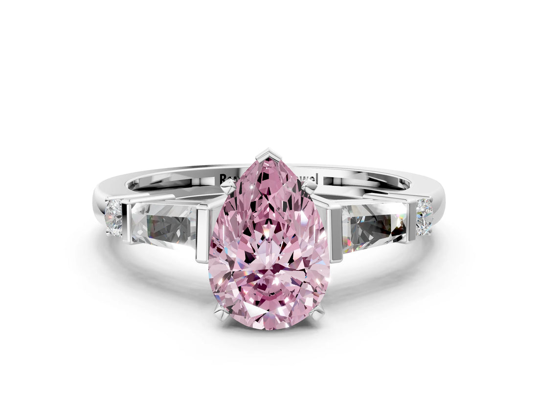 Silver Fancy Pink Pear  Cut Diamond Ring with Baguette Side Stones, Channel Set Band, and Four-Prong Setting_12