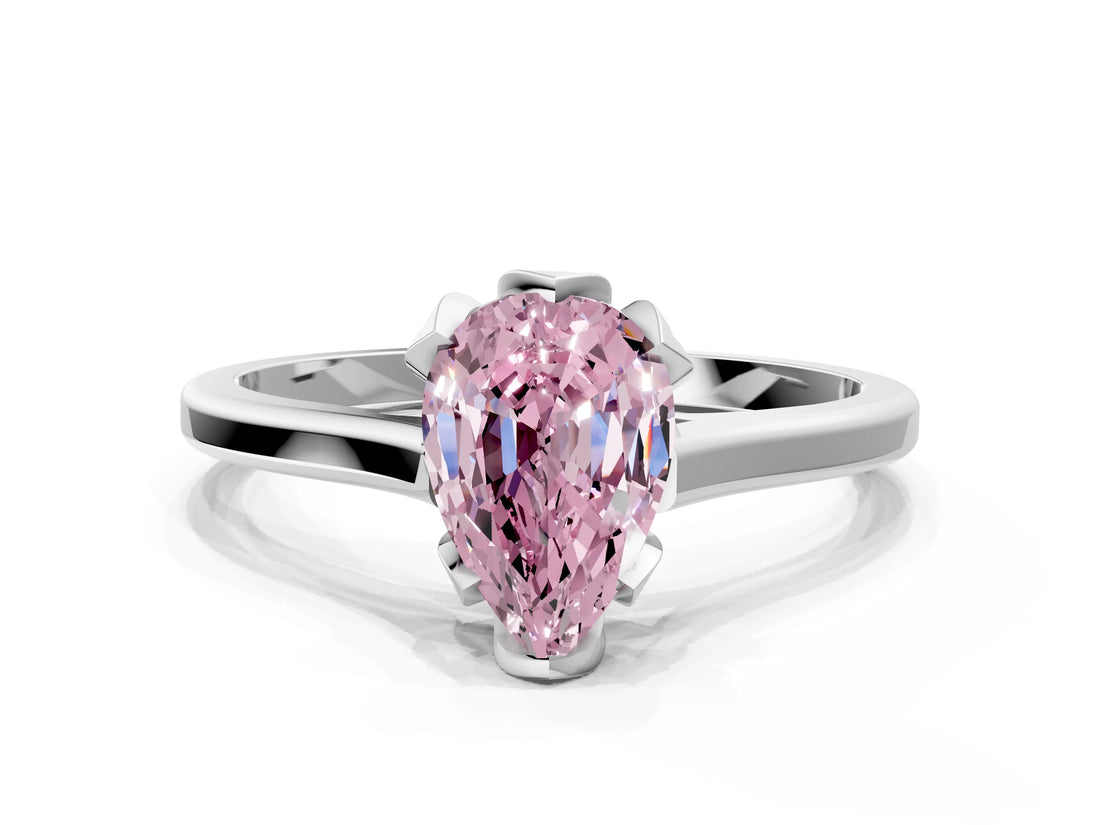 Silver Fancy Pink Pear Cut Diamond Solitaire Ring with Flower Prong Setting and Classic Band
