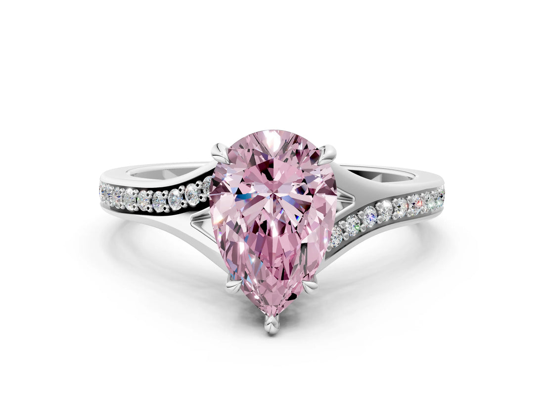 Silver Fancy Pink Pear Cut Diamond Solitaire Ring with Pavé Band and Prong Setting_12