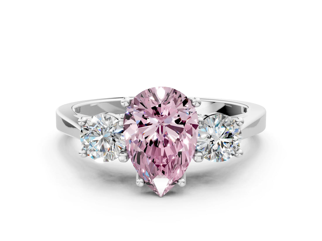 Silver Fancy Pink Pear Cut Diamond Three-Stone Engagement Ring with Prong Setting and Pavé Band_6