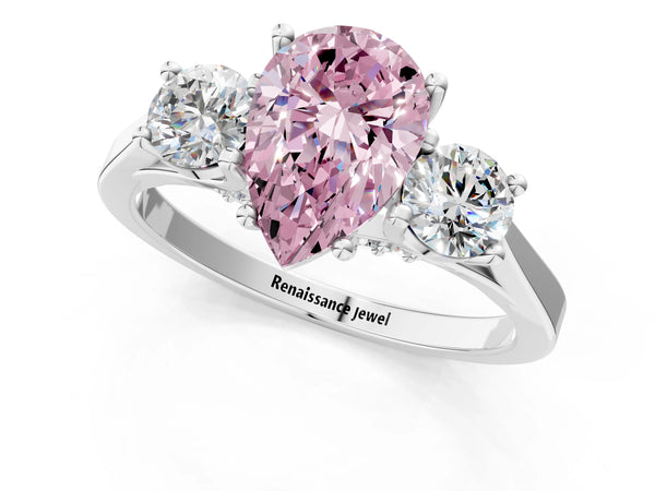 Silver Fancy Pink Pear Cut Diamond Three-Stone Engagement Ring with Prong Setting and Pavé Band