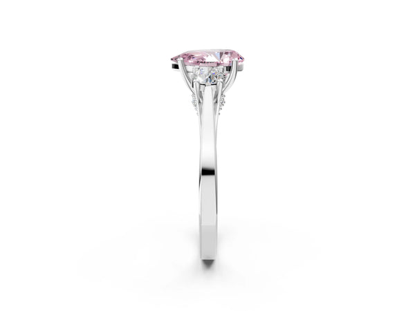 Silver Fancy Pink Pear Cut Diamond Three-Stone Engagement Ring with Prong Setting and Pavé Band