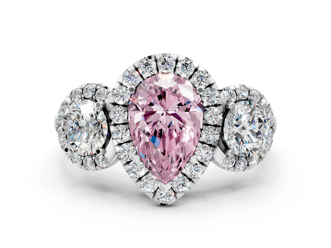 Silver Fancy Pink Pear Cut Diamond Three-Stone Halo Ring with Prong Setting and Pavé Accents_12