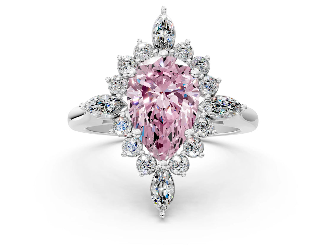 Silver Fancy Pink Pear Cut Halo Diamond Cluster Ring with Marquise and Round Stones on a White Gold Band with Prong Setting