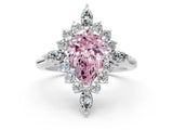 Silver Fancy Pink Pear Cut Halo Diamond Cluster Ring with Marquise and Round Stones on a White Gold Band with Prong Setting