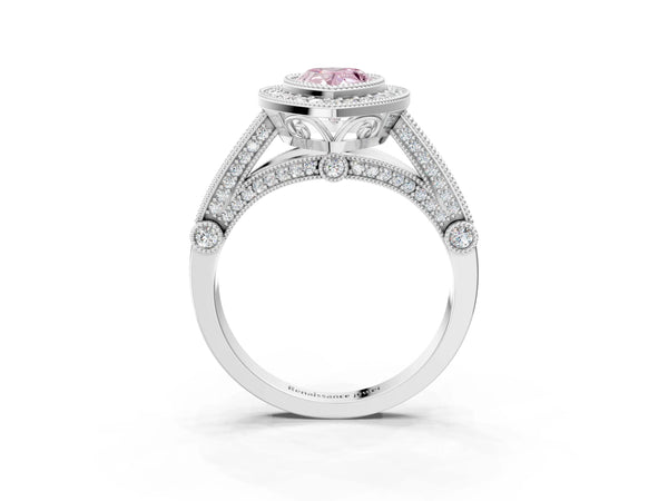 Sterling Silver Pear-Shaped Vintage Bezel Halo Engagement Ring Setting for Fancy Pink Center