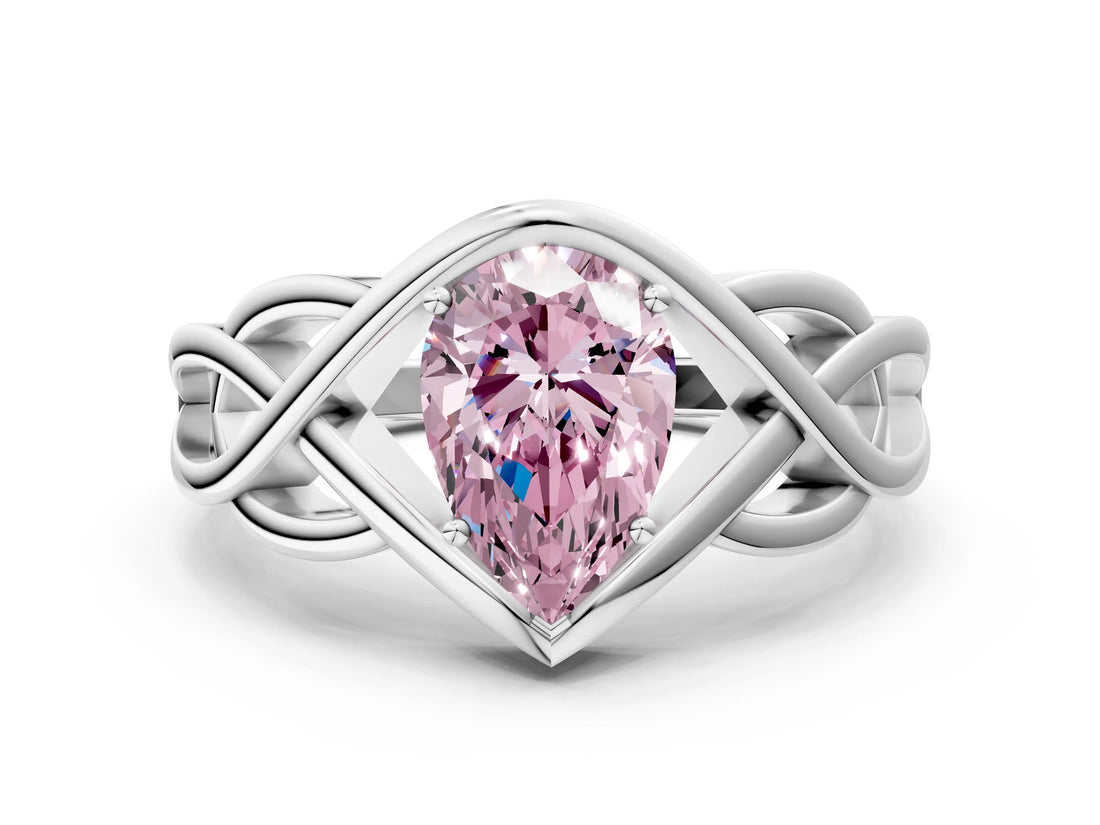 Silver Fancy Pink Pear Cut Solitaire Intertwined Band Prong Setting Ring_6