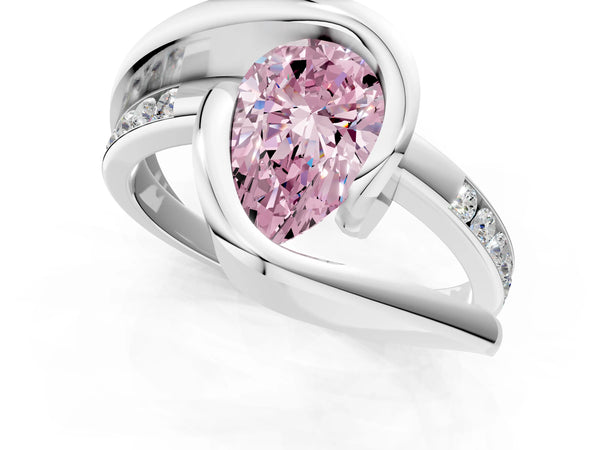 Silver Fancy Pink Pear Cut Solitaire Tension-Set Diamond Split Shank Ring