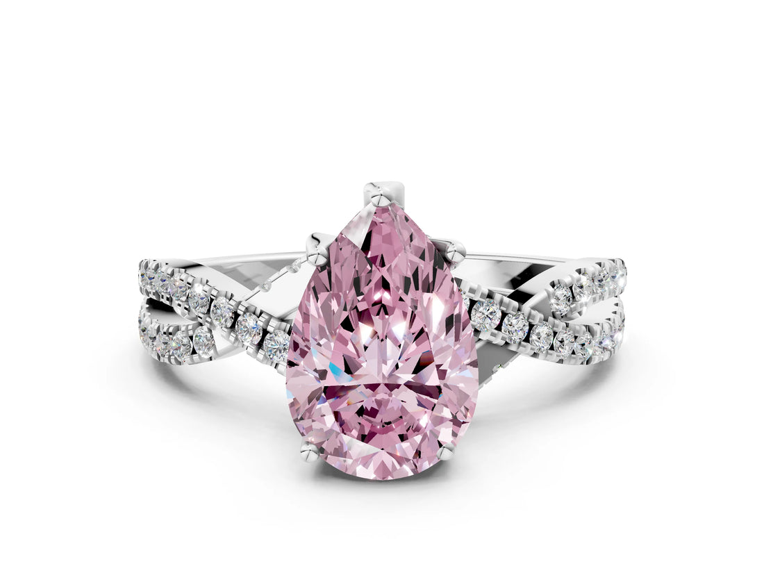 Silver Fancy Pink Pear Cut Solitaire Twist Pave Diamond Engagement Ring with Prong Setting_67