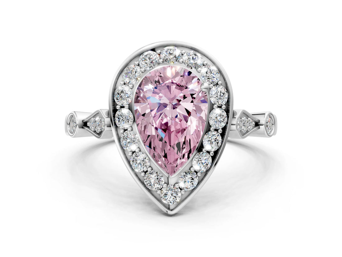 Silver Fancy Pink Pear  Halo Diamond Engagement Ring with Twisted Band and Four-Prong Setting