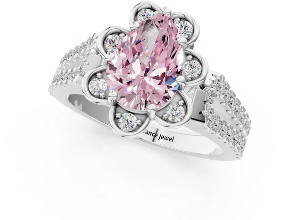 Sterling Silver Pear-Shaped Floral Halo Split Shank Engagement Ring Setting for Fancy Pink Center