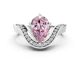 Silver Fancy Pink Pear  Solitaire Diamond Engagement Ring with Pave Band and Four-Prong Setting
