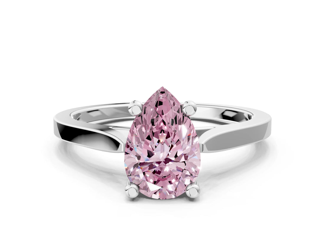 Silver Fancy Pink Pear  Solitaire Diamond Ring with Four-Prong Setting and Tapered Band 1