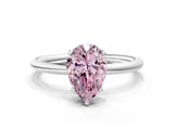 Silver Fancy Pink Pear  Solitaire Diamond Ring with a Classic Band and Four-Prong Setting