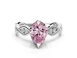 Silver Fancy Pink Pear  Solitaire Twist Band with Leaf Prong Setting 1