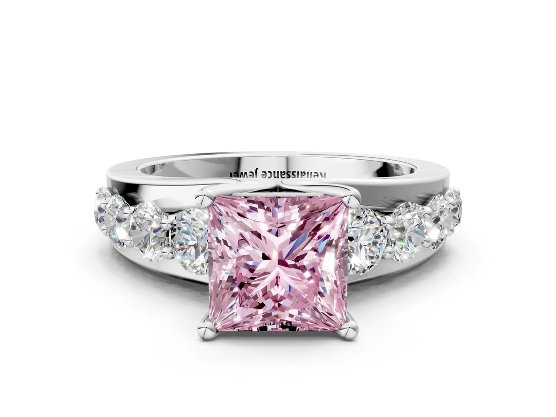 Silver Fancy Pink Princess  Brilliant Solitaire with Side Stones on a Pave Band and Four-Prong Setting_12