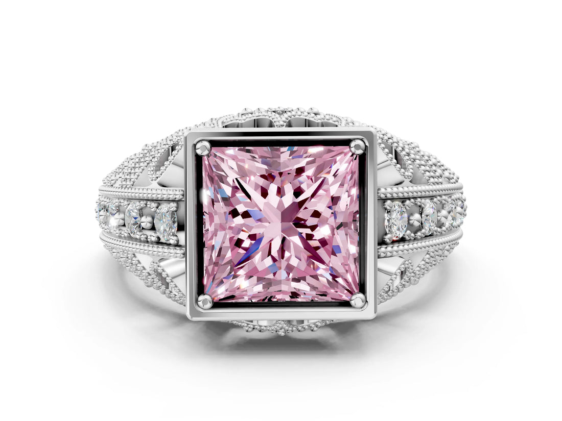 Silver Fancy Pink Princess Cut Brilliant Milgrain Filigree Diamond Ring with Square Prong Setting_6