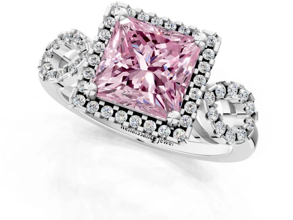 Sterling Silver Princess Cut Pave Infinity Halo Engagement Ring Setting for Fancy Pink Center