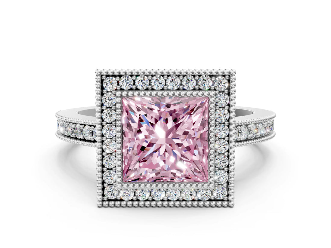 Silver Fancy Pink Princess Cut Cut Halo Pavé Diamond Ring_12