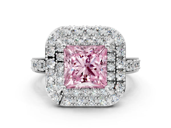 Silver Fancy Pink Princess Cut Diamond Double Halo Ring with Pavé Band and Four-Prong Setting