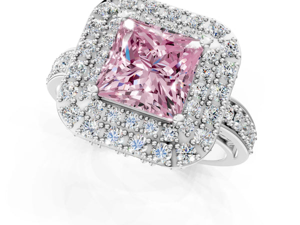 Silver Fancy Pink Princess Cut Diamond Double Halo Ring with Pavé Band and Four-Prong Setting