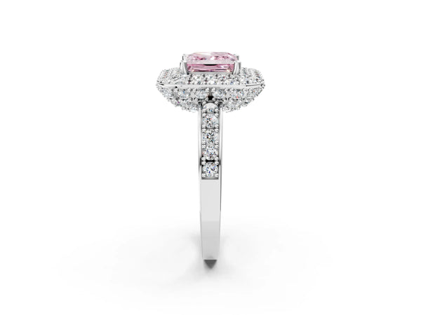 Silver Fancy Pink Princess Cut Diamond Double Halo Ring with Pavé Band and Four-Prong Setting