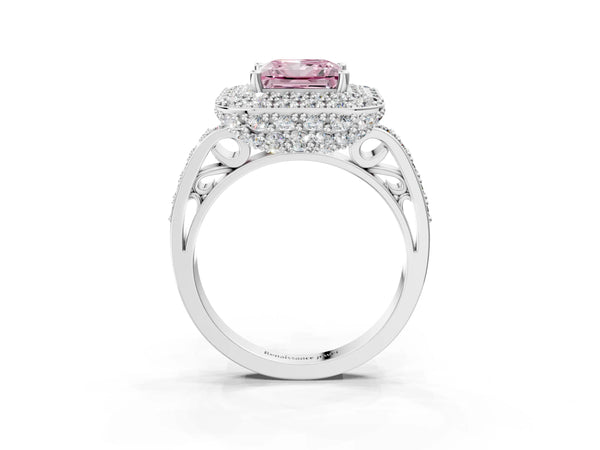 Silver Fancy Pink Princess Cut Diamond Double Halo Ring with Pavé Band and Four-Prong Setting