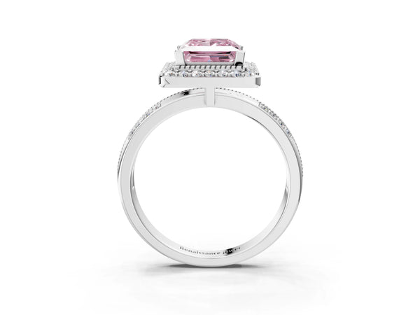 Silver Fancy Pink Princess Cut Diamond Double Halo Ring with Split Shank and Four-Prong Setting