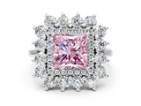 Silver Fancy Pink Princess Cut Diamond Floral Double Halo Engagement Ring with Prong Setting_43