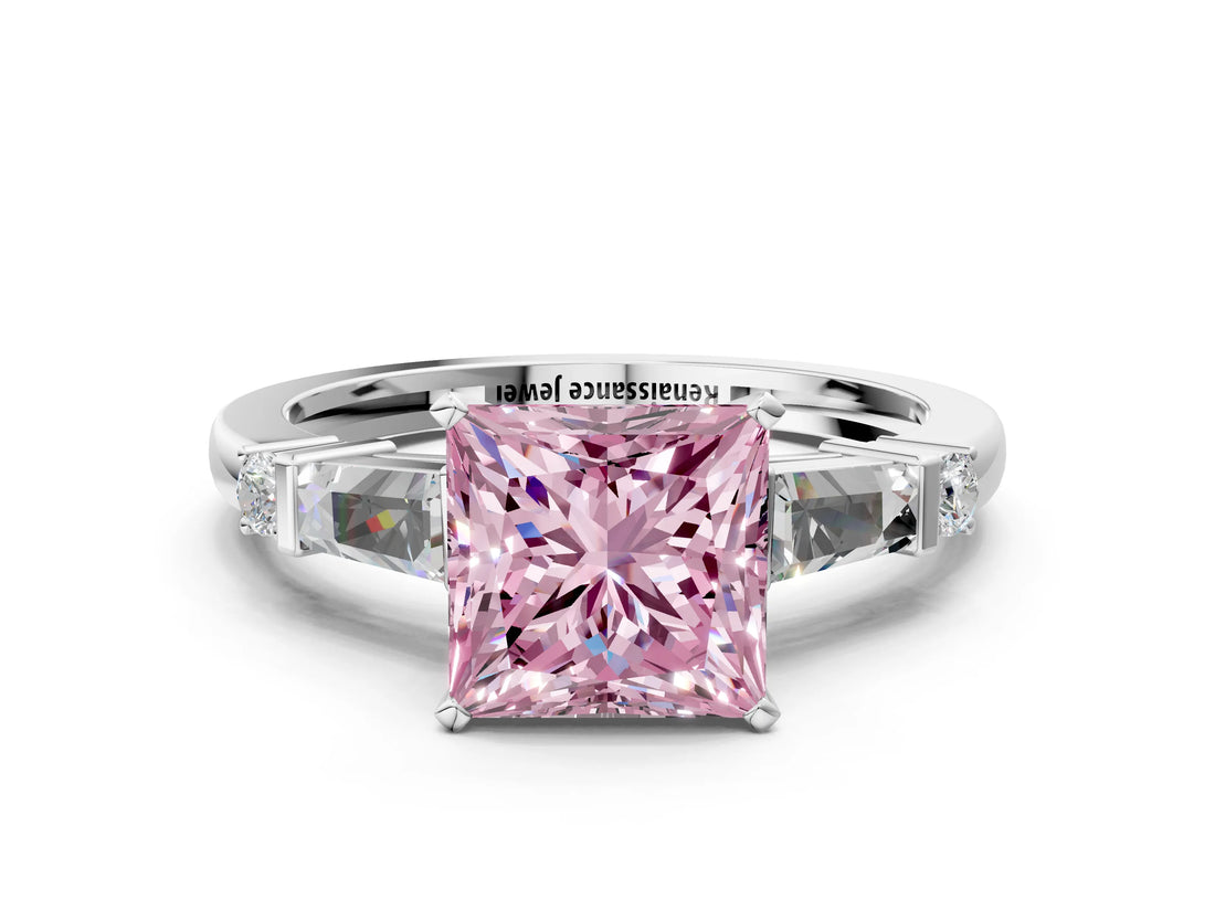 Silver Fancy Pink Princess  Cut Diamond Ring with Baguette Side Stones, Channel Set Band, and Four-Prong Setting_24