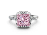 Silver Fancy Pink Princess Cut Diamond Scalloped Halo Engagement Ring with Round Shared Prong Band