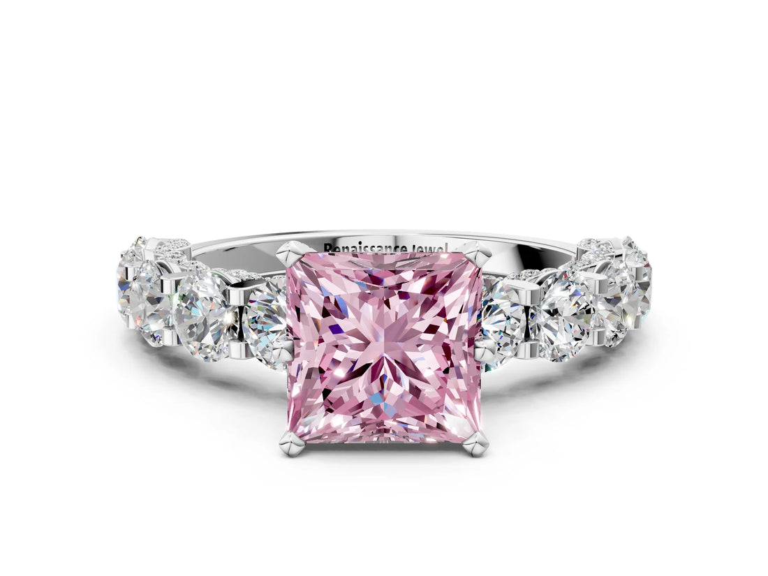 Silver Fancy Pink Princess Cut Diamond Side Stone Engagement Ring with Four-Prong Setting_12