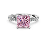 Silver Fancy Pink Princess Cut Diamond Solitaire Pavé Engagement Ring with Round Band and Prong Setting