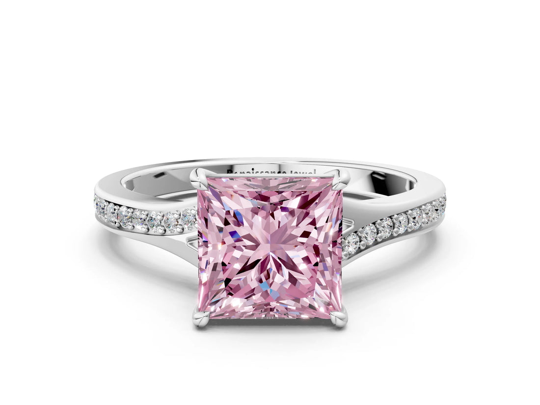 Silver Fancy Pink Princess Cut Diamond Solitaire Ring with Pavé Band and Prong Setting_12