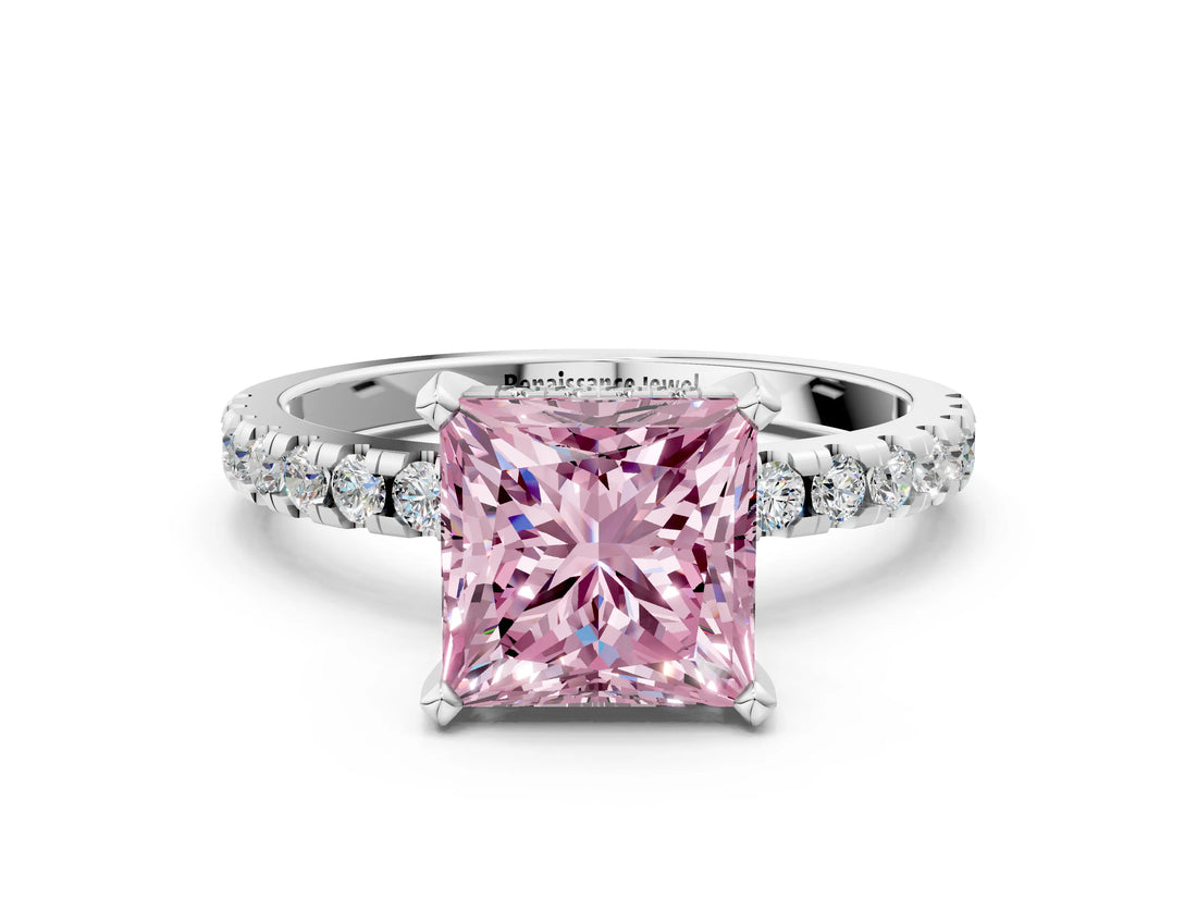 Silver Fancy Pink Princess Cut Diamond Solitaire Ring with Round  Pavé Band and Four-Prong Setting_36