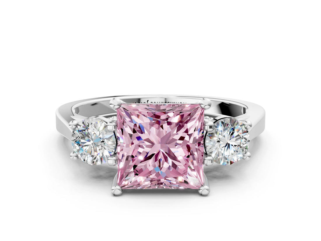 Silver Fancy Pink Princess Cut Diamond Three-Stone Engagement Ring with Prong Setting and Pavé Band_6