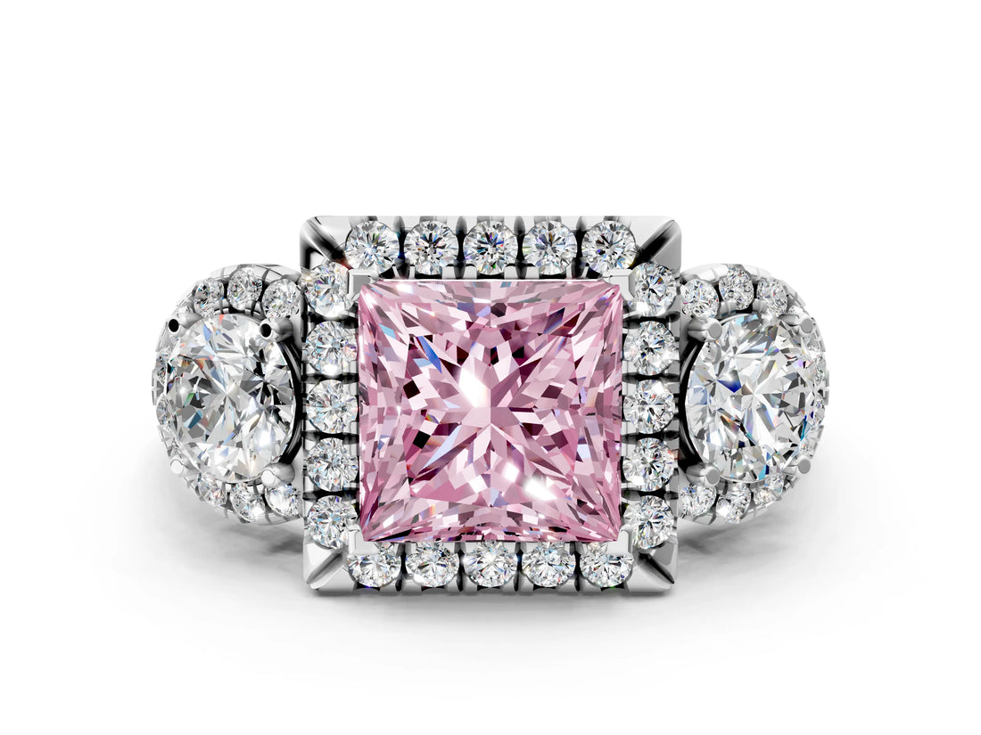 Silver Fancy Pink Princess Cut Diamond Three-Stone Halo Ring with Prong Setting and Pavé Accents_6