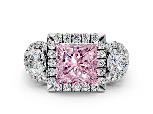 Sterling Silver Princess Cut Three Stone Halo Engagement Ring Setting for Fancy Pink Center