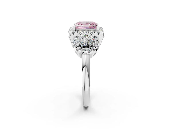 Sterling Silver Princess Cut Three Stone Halo Engagement Ring Setting for Fancy Pink Center