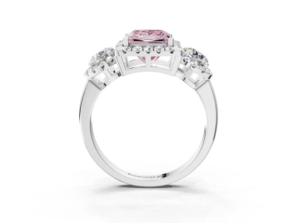 Sterling Silver Princess Cut Three Stone Halo Engagement Ring Setting for Fancy Pink Center