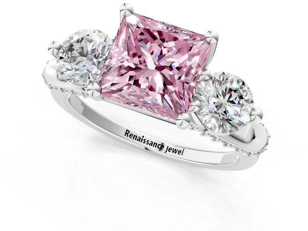Sterling Silver Princess Cut Curved Pave Three Stone Engagement Ring Setting for Fancy Pink Center