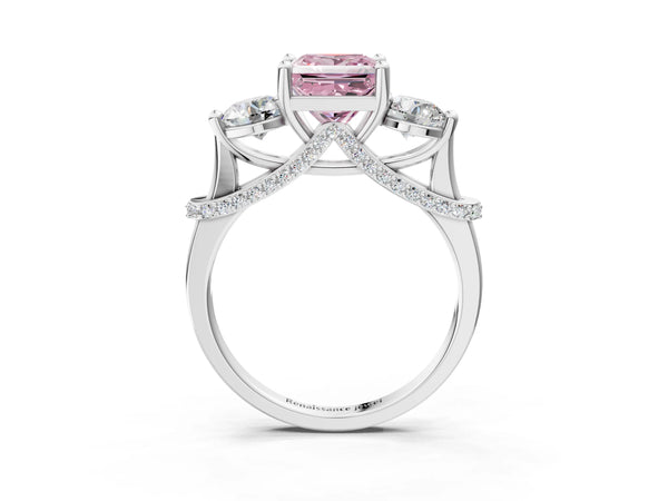 Sterling Silver Princess Cut Curved Pave Three Stone Engagement Ring Setting for Fancy Pink Center