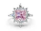 Silver Fancy Pink Princess Cut Halo Diamond Cluster Ring with Marquise and Round Stones on a White Gold Band with Prong Setting