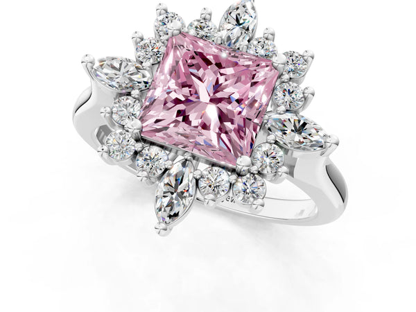 Silver Fancy Pink Princess Cut Starburst Halo Engagement Ring Setting with Marquise and Round Accents