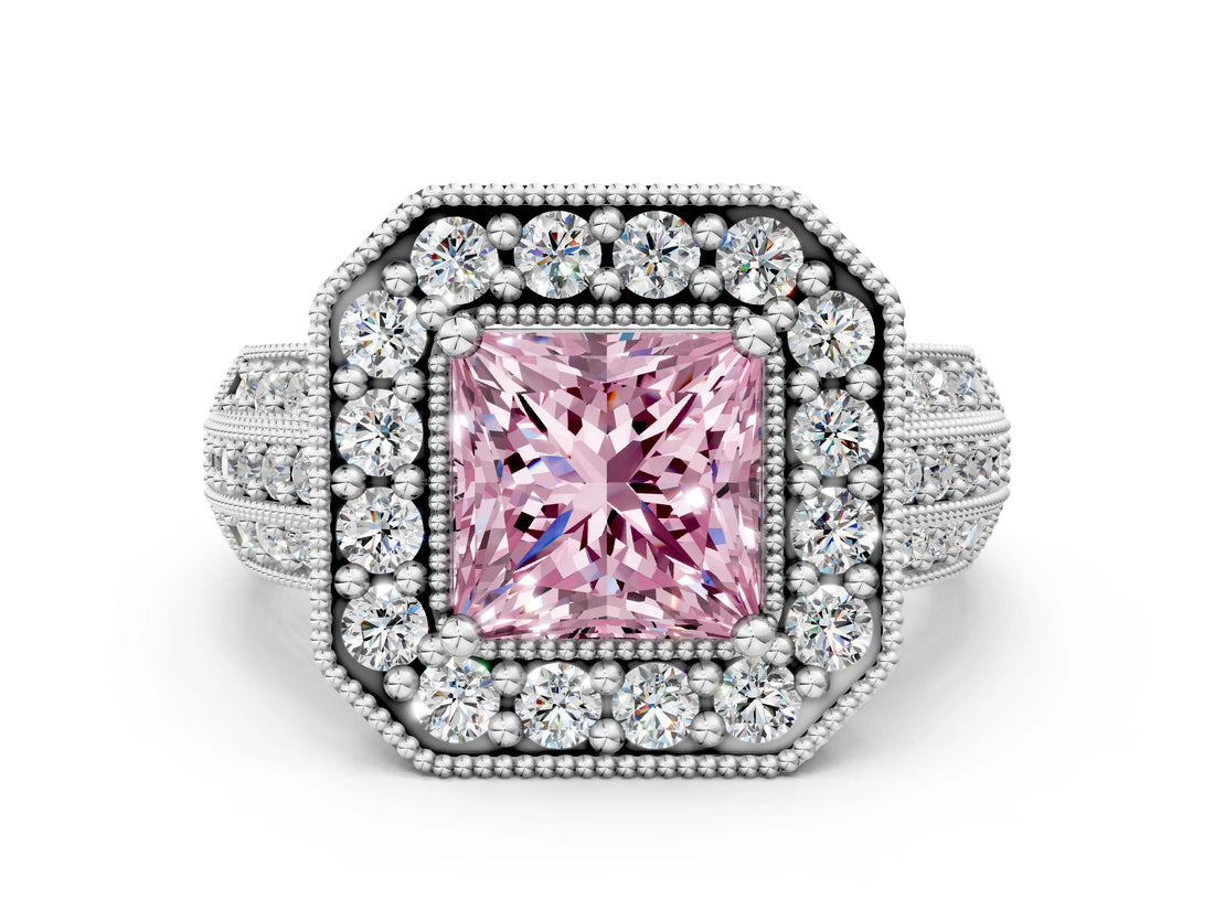Silver Fancy Pink Princess Cut Halo Diamond Engagement Ring with Pave Split Shank and Four-Prong Setting_6