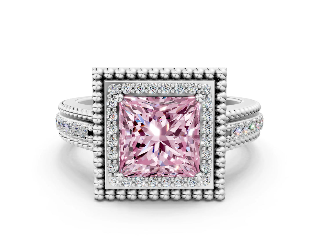 Silver Fancy Pink Princess Cut Halo Diamond Ring with Beaded Split Shank and Four-Prong Setting_6