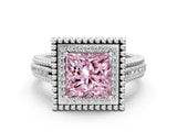 Silver Fancy Pink Princess Cut Halo Diamond Ring with Beaded Split Shank and Four-Prong Setting_6